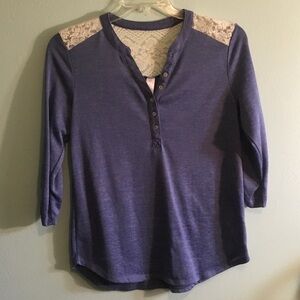 No Boundaries Blue Knit Henley with Cream Lace Shoulders